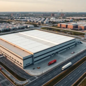 A large, state-of-the-art cold storage warehouse in an urban area.