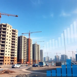 A view of a construction site with various ongoing projects and economic indicators