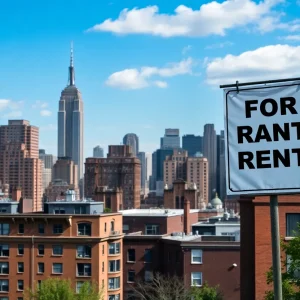 Residential buildings in New York City with a 'for rent' sign