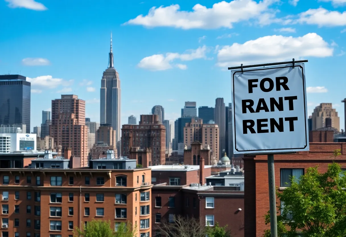 Residential buildings in New York City with a 'for rent' sign