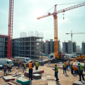 Construction workers collaborating at an active construction site