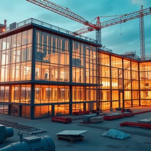 Construction site with advanced AI technology interacting with Building Information Modeling tools