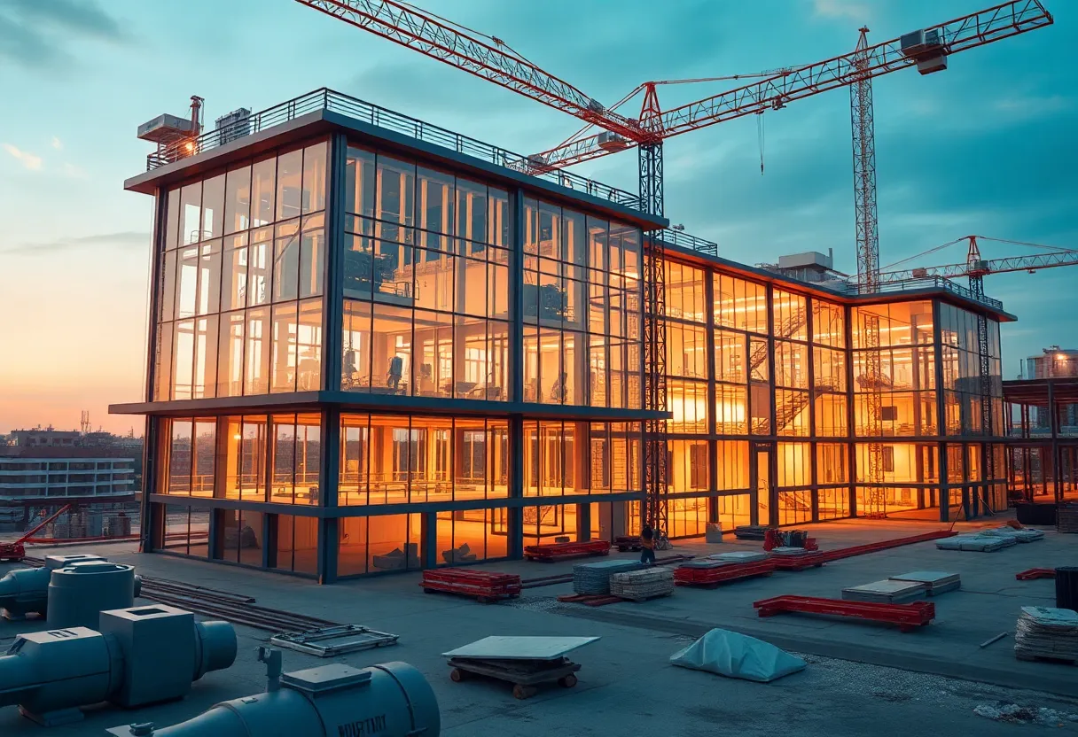 Construction site with advanced AI technology interacting with Building Information Modeling tools