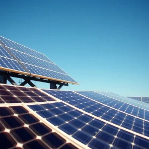 Illustration of solar panels and advanced technology in solar energy installation.