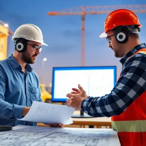 Engineers using AI technology for construction blueprint processing