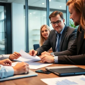 Entrepreneurs discussing business acquisition in a professional setting