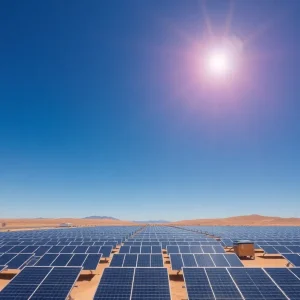 Aerial view of the Aurora solar photovoltaic plant in Chile with solar panels and battery storage.