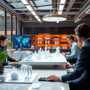 Professionals working with AI design software in a modern studio
