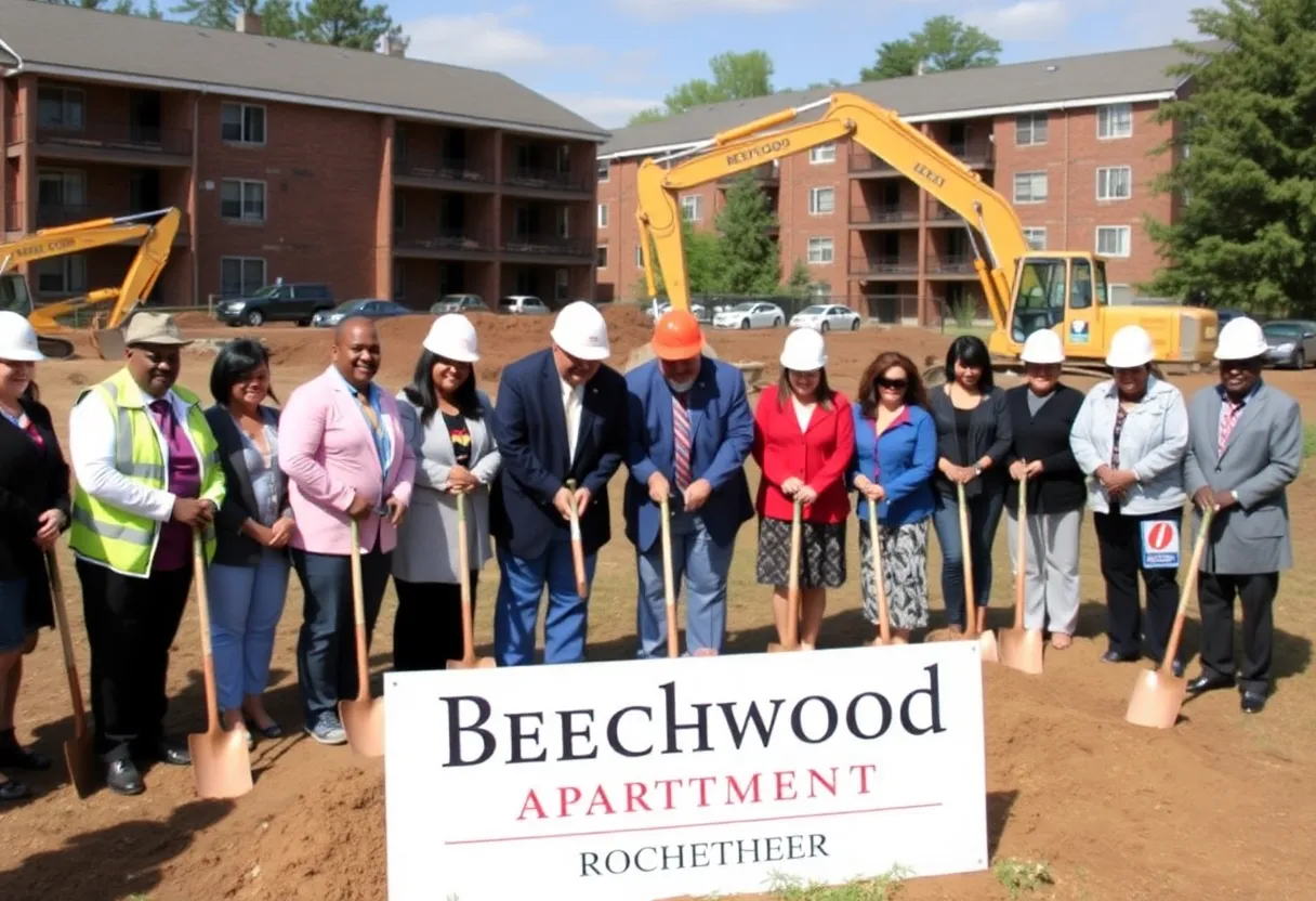 Groundbreaking ceremony for Beechwood Family Apartments with community members and construction equipment.