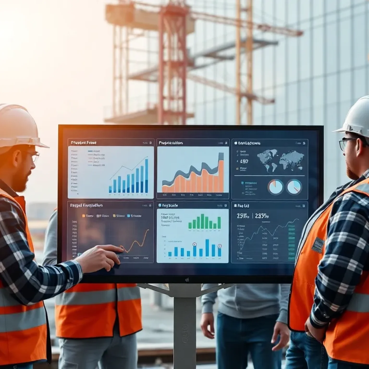 Construction teams collaborating with a digital dashboard displaying project analytics