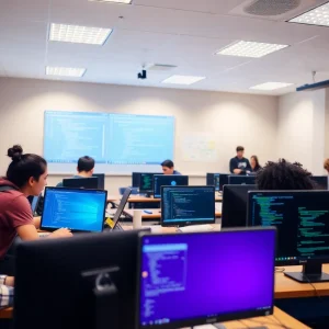 Students in a classroom working on software development projects