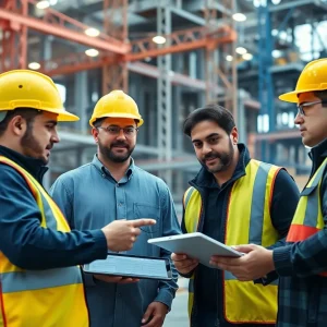 Construction workers using software tools for estimating costs on site