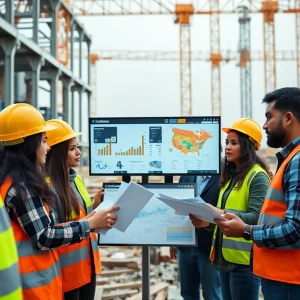 Construction site with management software tools on display