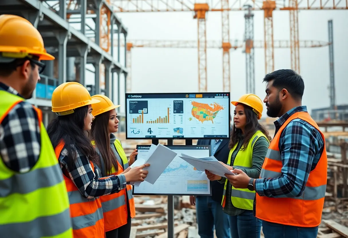 Construction site with management software tools on display
