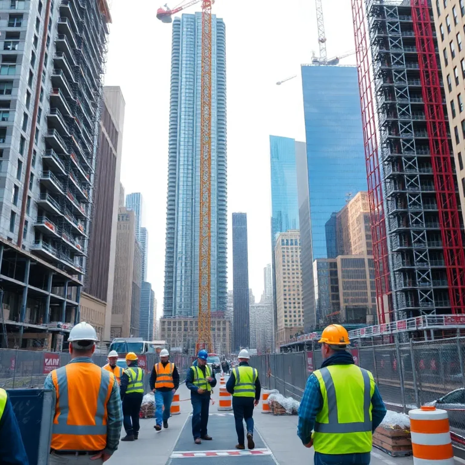 Workers on a New York City construction site practicing safety measures
