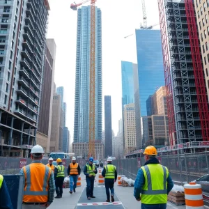 Workers on a New York City construction site practicing safety measures
