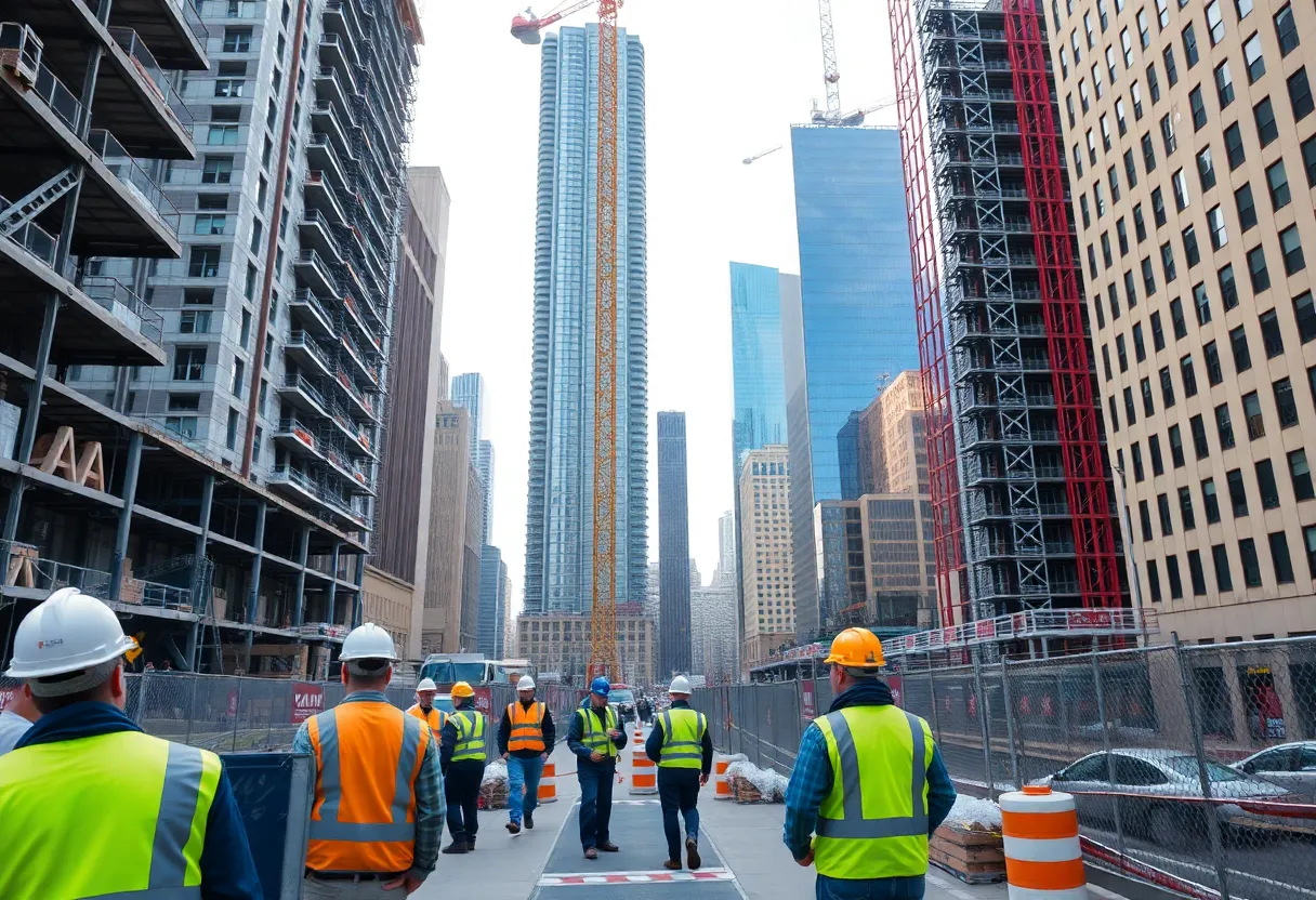 Workers on a New York City construction site practicing safety measures