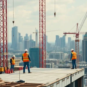 Builders working at a construction site with cranes and city skyline in background
