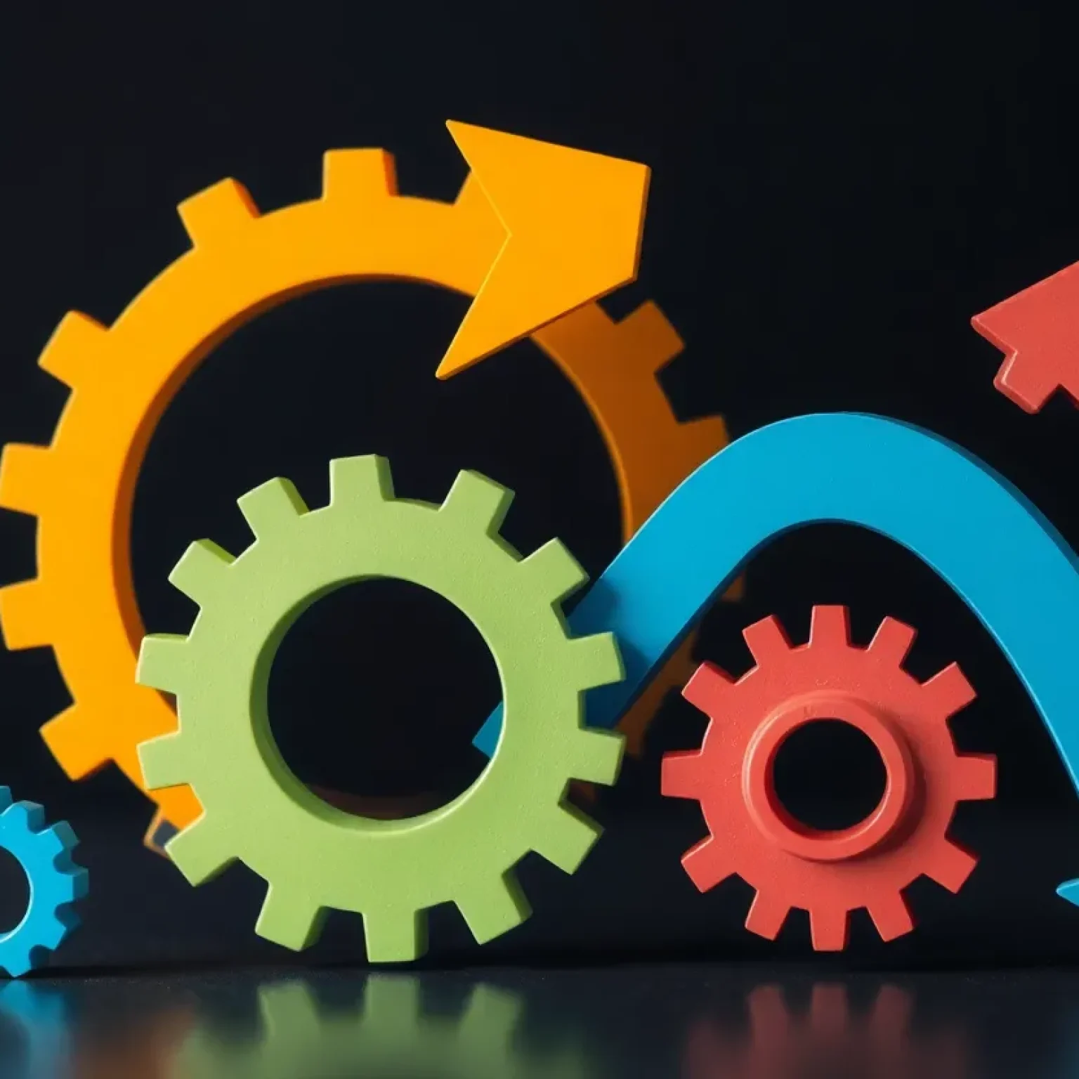 Abstract representation of corporate restructuring with gears and arrows
