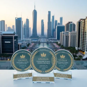 Awards received by Dubai Municipality displayed with a city skyline