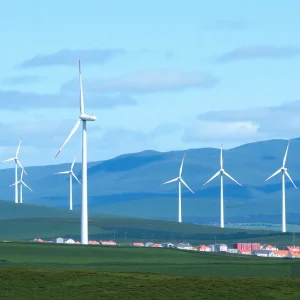 Construction site of Golticlay onshore wind farm with wind turbines in Caithness, Scotland.