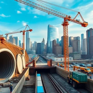Construction of the Hudson Tunnel Project with cranes and workers.