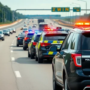 Police patrol cars on a busy highway during the Fourth of July weekend