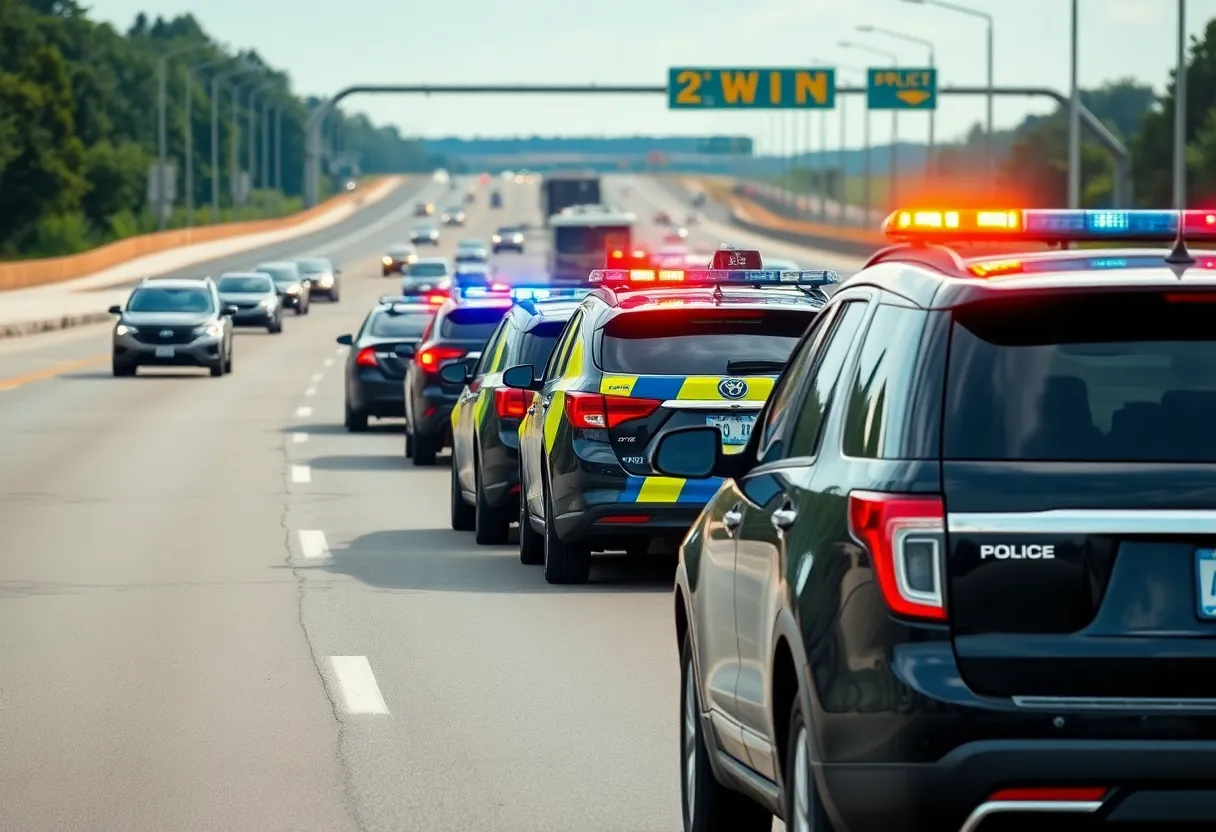 Police patrol cars on a busy highway during the Fourth of July weekend