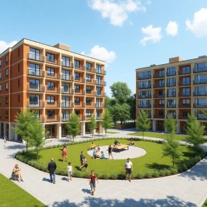 Artist's rendering of LeClaire Courts redevelopment with residential buildings and community area