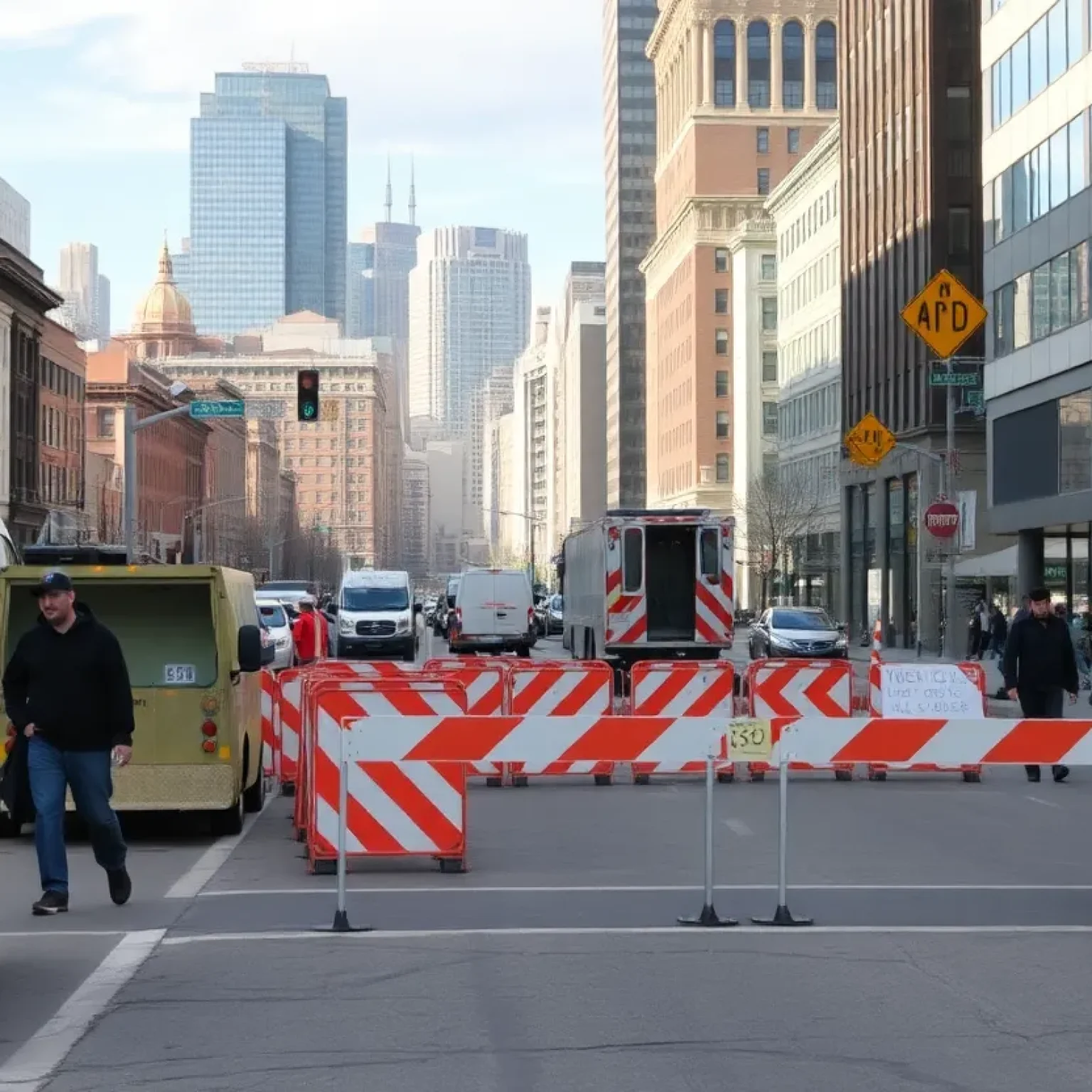 Reconstruction of 6th Street in Milwaukee with construction barriers and pedestrians.