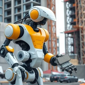 A multifunctional construction robot operating on a building site, 3D printing concrete.