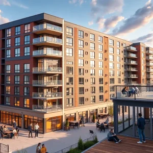 Architectural rendering of a new student housing building near a university