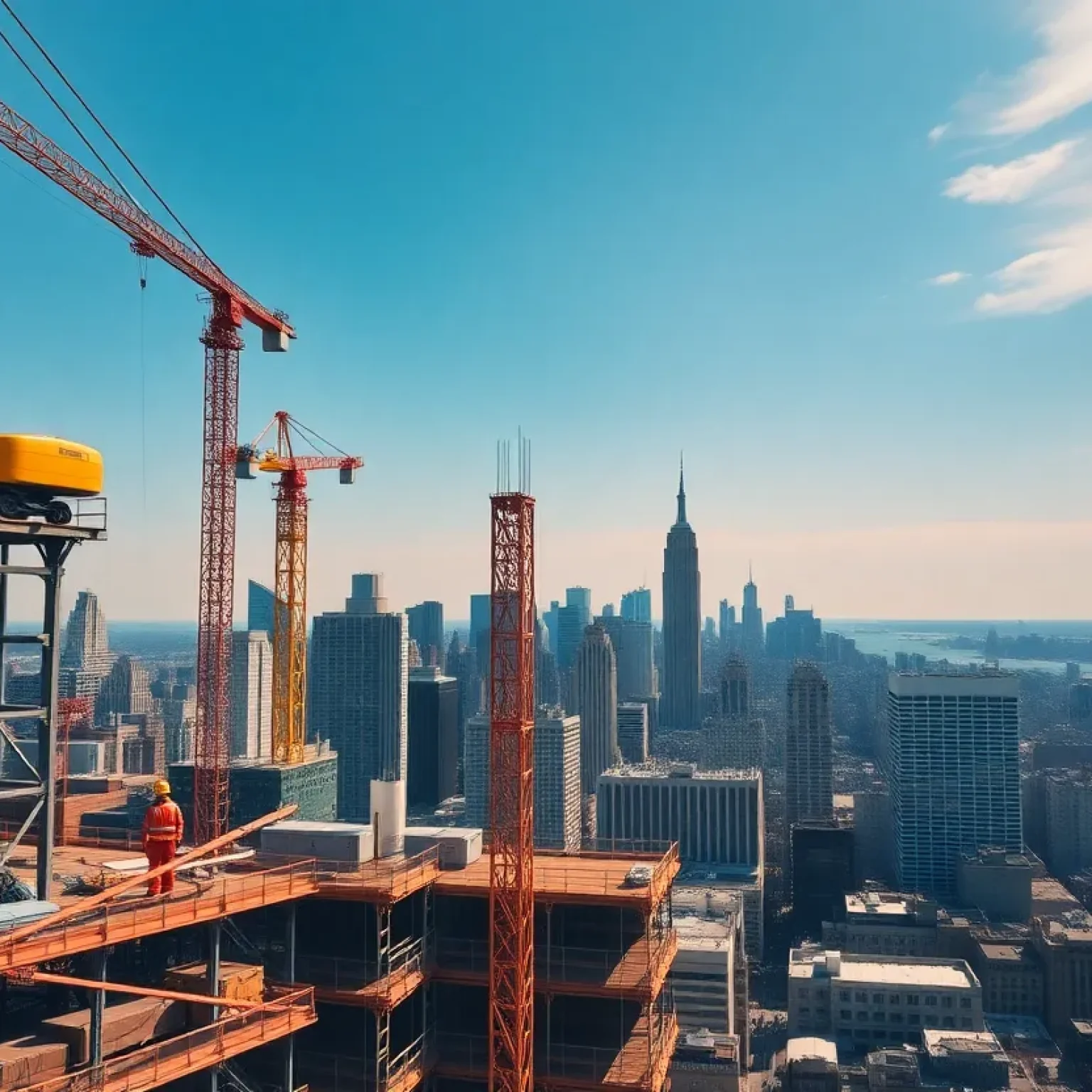 Construction site in New York City with cranes and workers