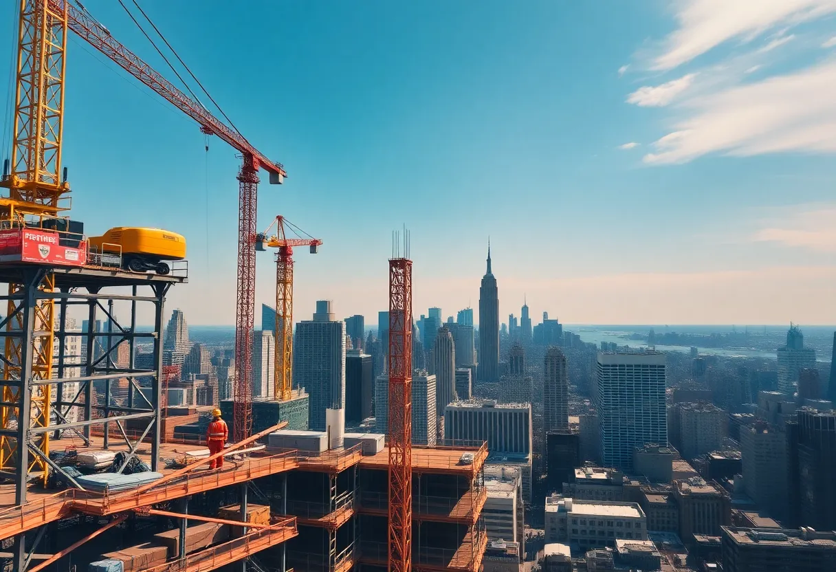 Construction site in New York City with cranes and workers
