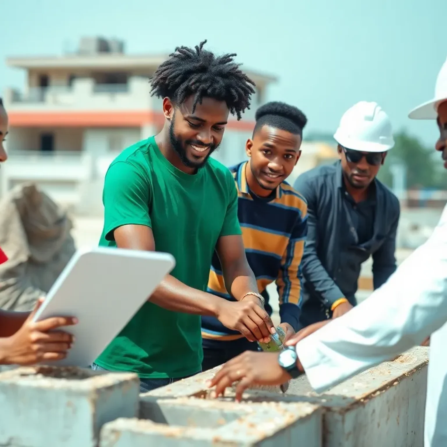 A group of Nigerian youths working together on a construction project, demonstrating teamwork and modern construction practices.