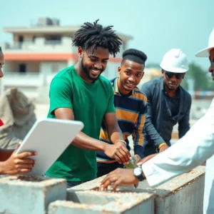 A group of Nigerian youths working together on a construction project, demonstrating teamwork and modern construction practices.
