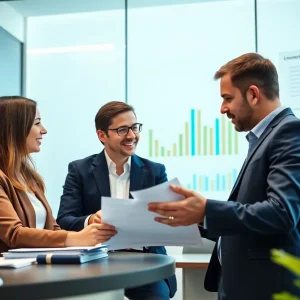 Professionals in a financial office discussing loan strategies