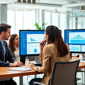 Office professionals collaborating on property management software