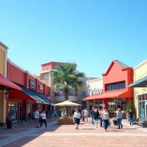 Revitalized shopping center bustling with shoppers