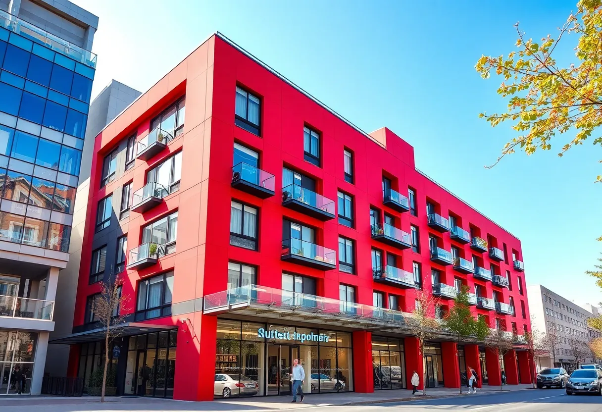 Exterior view of Royce Residences, a 19-story residential building with a red façade in Manhattan.