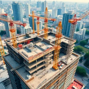 A bustling construction site in the UK with cranes and workers