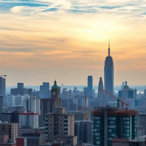 A panoramic view of smaller residential buildings under construction in New York City.