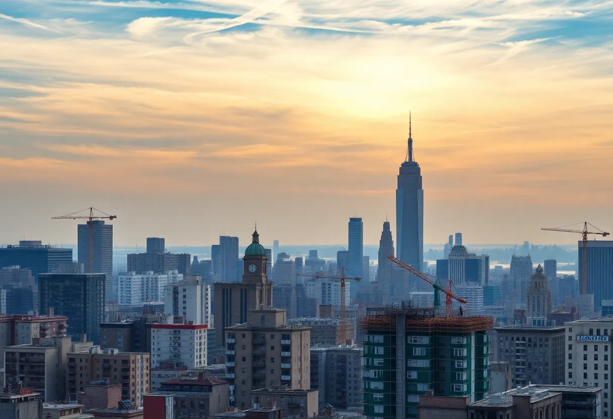 A panoramic view of smaller residential buildings under construction in New York City.