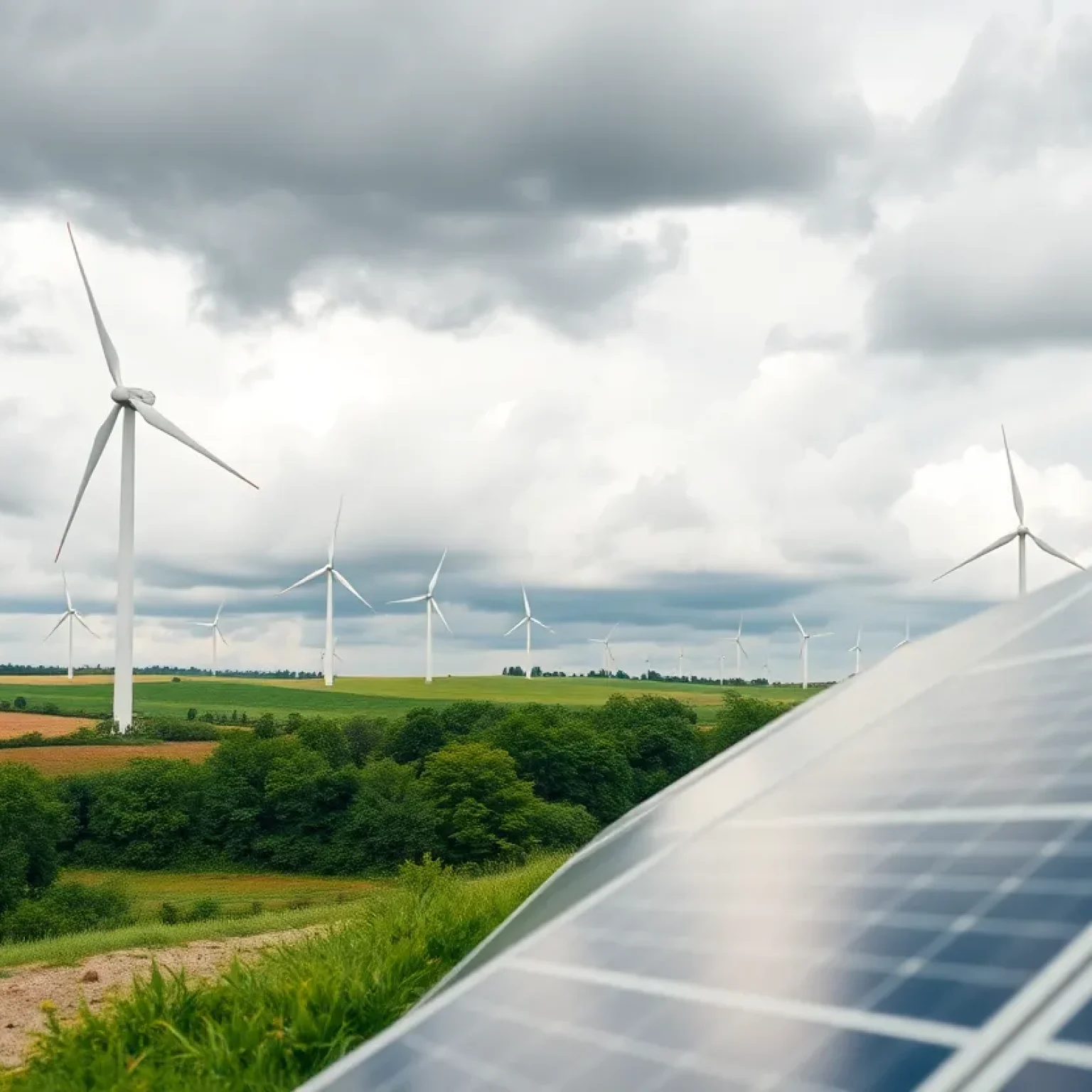 A wind farm and solar panels representing renewable energy projects