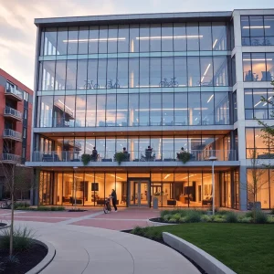 Exterior view of 500 Forge life science building at Arsenal Yards with glass façade and balconies