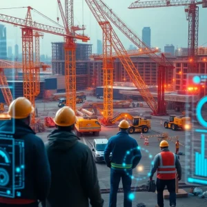 Busy construction site with digital AI scheduling overlays and equipment