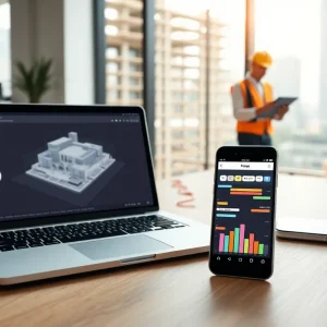 Laptop, tablet and smartphone showing 3D BIM model and Gantt chart for construction scheduling with cloud sync icons