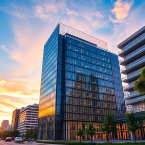 Vibrant Australian commercial real estate building at sunset.