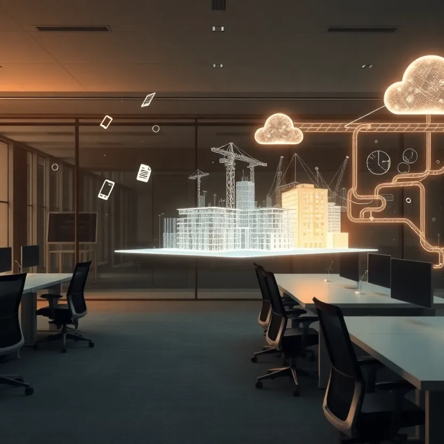 Empty office desks beside holographic BIM model and cloud server illustrating layoffs and data fragmentation in AEC