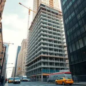 27-story downtown office tower under conversion with cranes and scaffolding at 36 E. Seventh St.